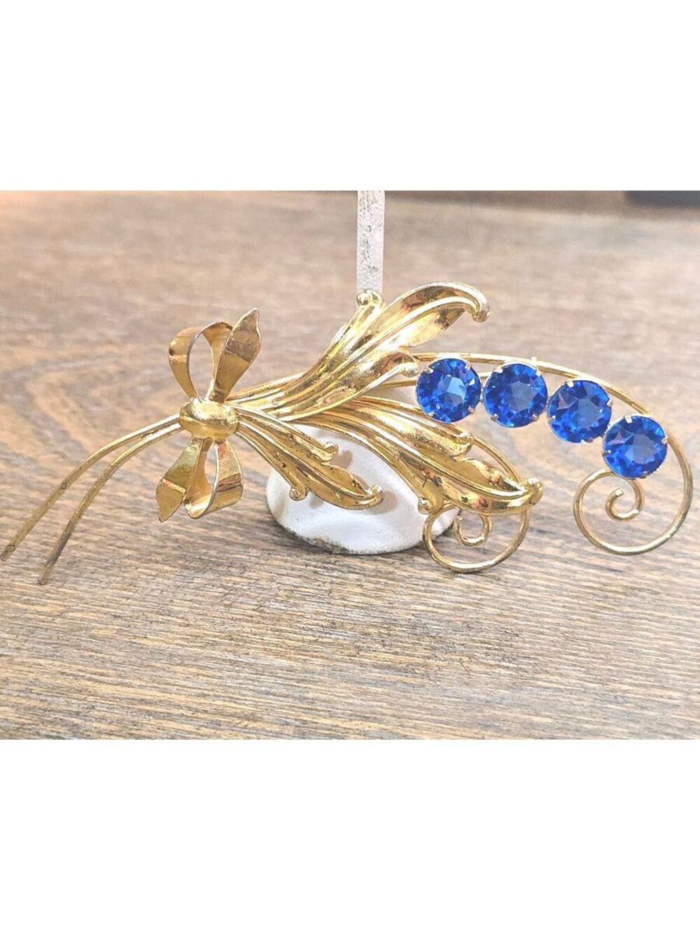 Vintage BIG 4" Sterling Silver Gilt Brooch Blue Crystal